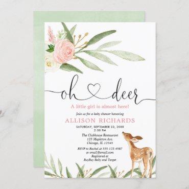 Woodland deer pink gold greenery girl baby shower invitation