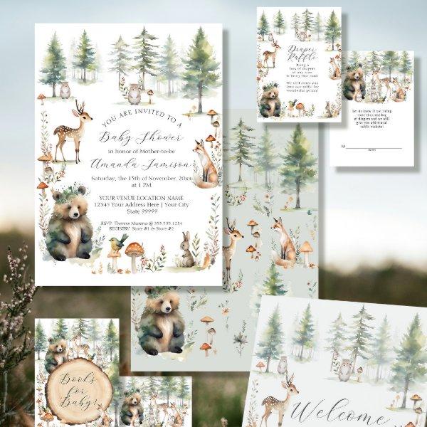 Woodland Forest Cute Animals Bear Deer