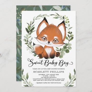 Woodland Fox Botanical Greenery Boy Baby Shower Invitation