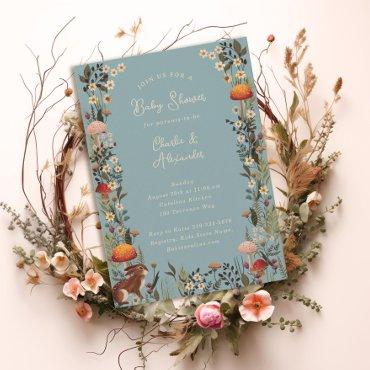 woodland mushrooms wildflowers blue baby shower