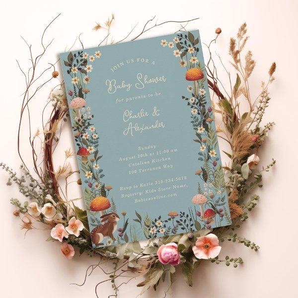 woodland mushrooms wildflowers blue baby shower