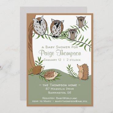 Woodland Owls and Hedgehogs Baby Shower Invitation