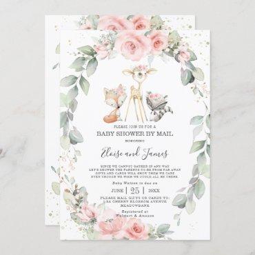 Woodland Pink Floral Greenery Baby Shower by Mail Invitation