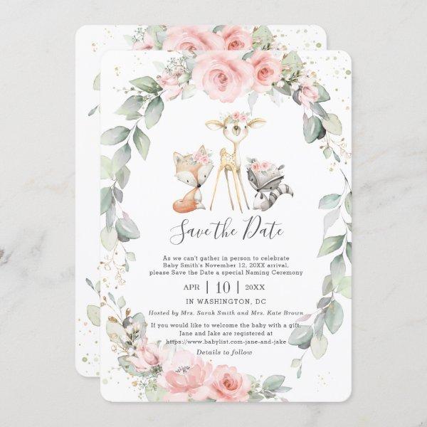 Woodland Pink Floral Save the Date Baby Naming