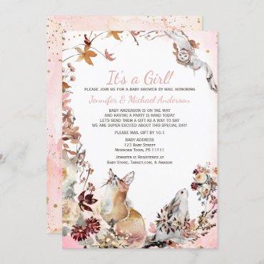 Woodland Pink Girl Fox Bunny Baby Shower By Mail Invitation