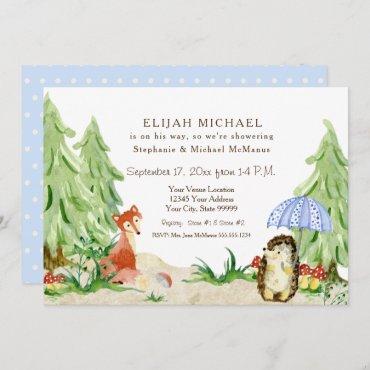 Woodland Tree Forest Fox Hedgehog Boy Baby Shower Invitation