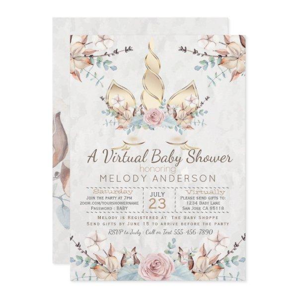Woodland Unicorn Virtual Baby Shower Gold