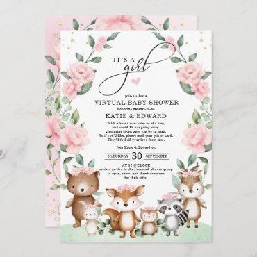 Woodland Virtual Baby Shower Blush Floral Animals Invitation