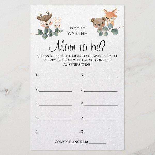 Woodland Where was She Baby shower game card Flyer
