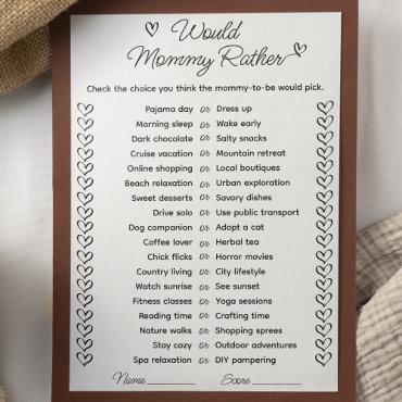 Would Mommy Rather Baby Shower Game Card