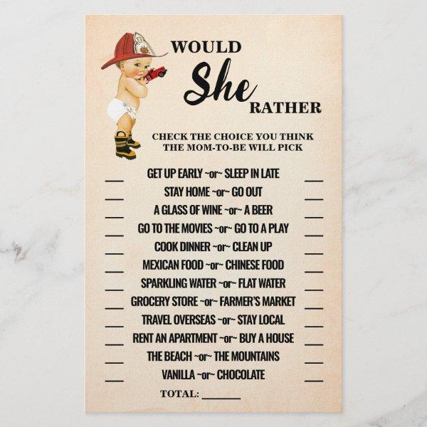 Would She Rather Baby Firefighter Shower Game Card Flyer