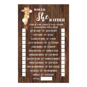 Would She Rather Cowboy Baby Shower Game Card  Flyer