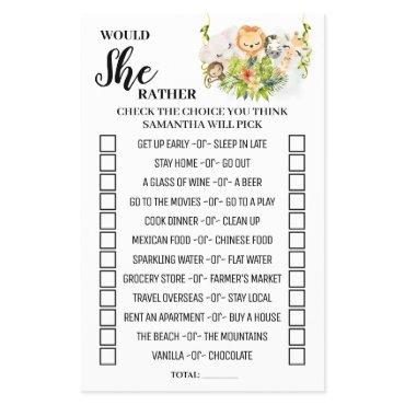 Would She Rather Jungle Baby Shower Game Card Flyer