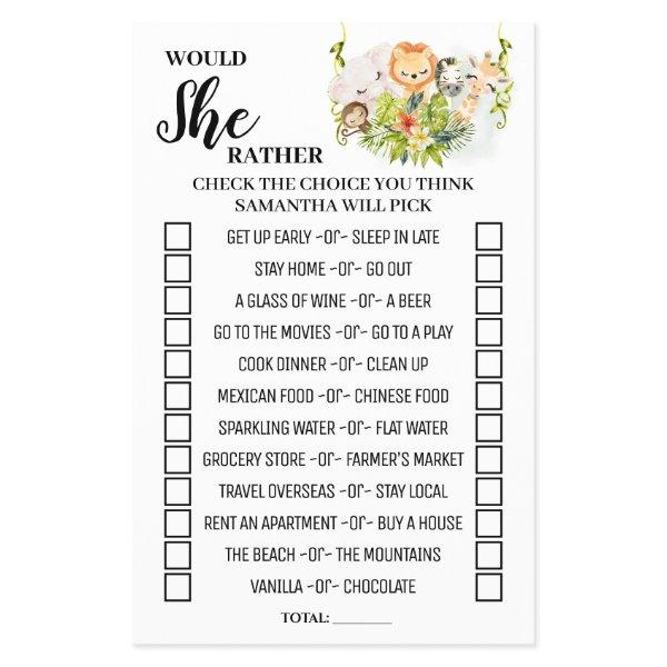 Would She Rather Jungle Baby Shower Game Card Flyer