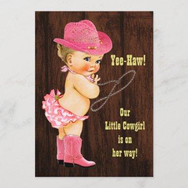 Yee-Haw! Blonde Cowgirl Rustic Baby Shower Invitation