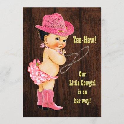 Yee-Haw! Brunette Cowgirl Rustic Baby Shower Invitation