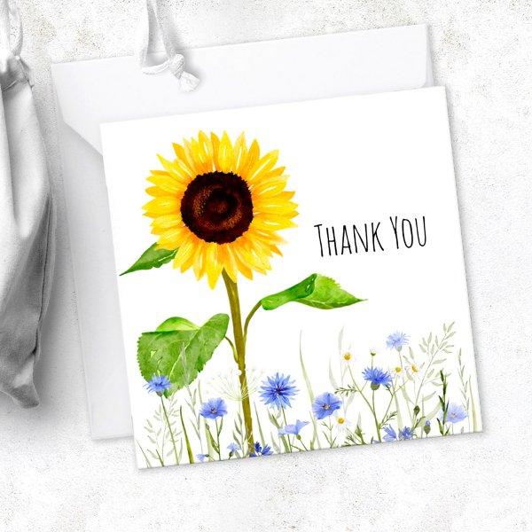 Yellow & Blue Flower Meadow Personalised Thank You Note Card