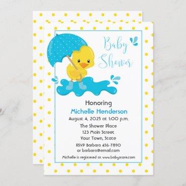 Yellow Duck, Umbrella and Polka Dots Baby Shower Invitation