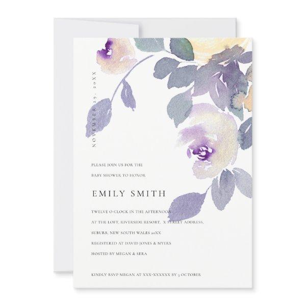 YELLOW LILAC PURPLE ROSE FLORAL BABY SHOWER INVITE
