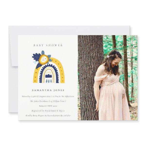 Yellow Navy Flora Rainbow Photo Baby Shower Invite