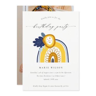 Yellow Navy Floral Photo Rainbow Birthday Invite