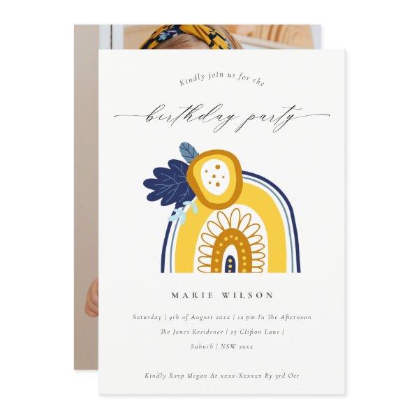 Yellow Navy Floral Photo Rainbow Birthday Invite