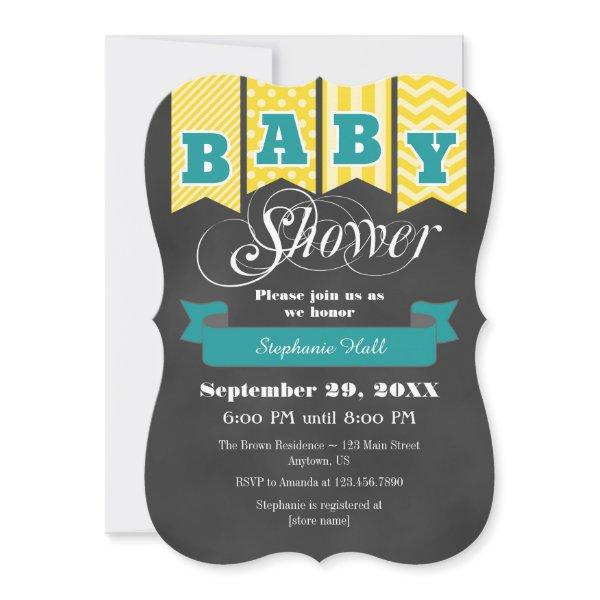Yellow Teal Chalkboard Flag Baby Shower Invite