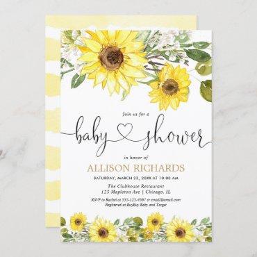 Yellow watercolor sunflowers baby shower invitation