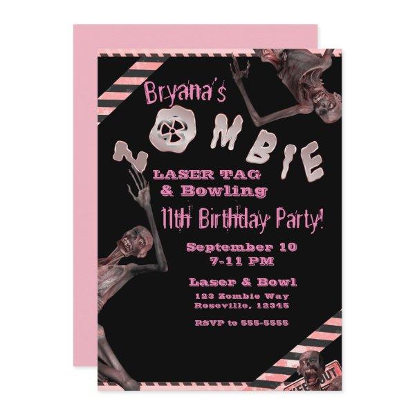 Zombie Pink & Black Girls Birthday Party Inviation