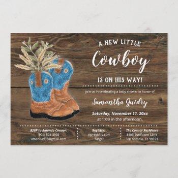 little cowboy bootie brown wood baby shower invitation